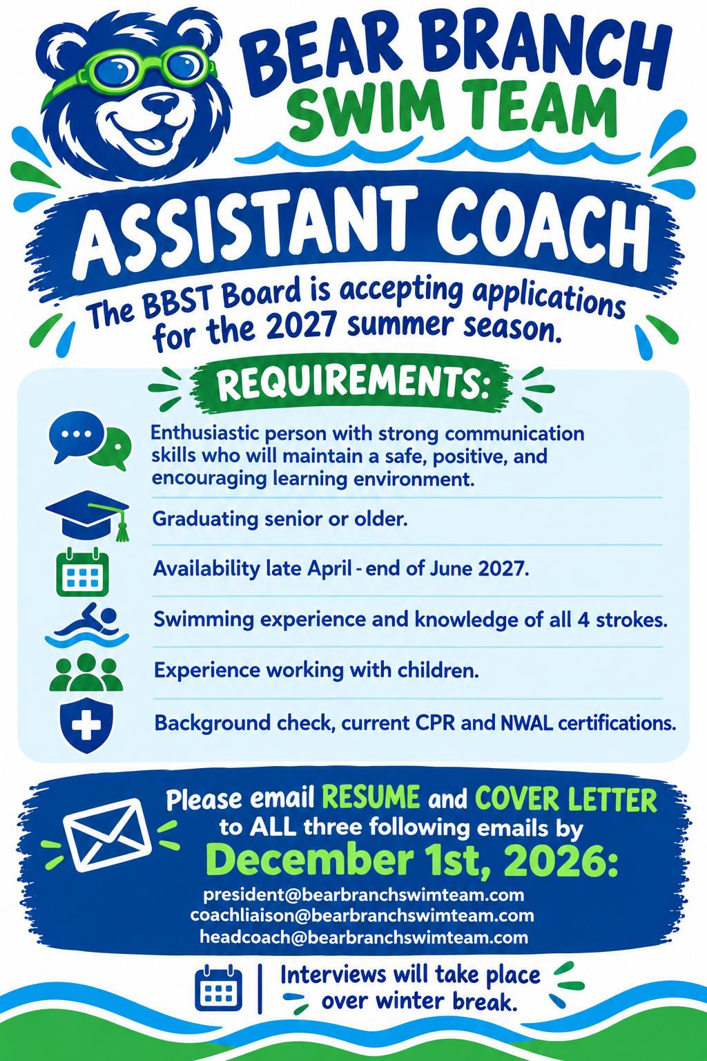 BBST will be meeting and interviewing for the 2027 assistant coaches position.  If you are interested please reach out to the BBST board as stated below. 