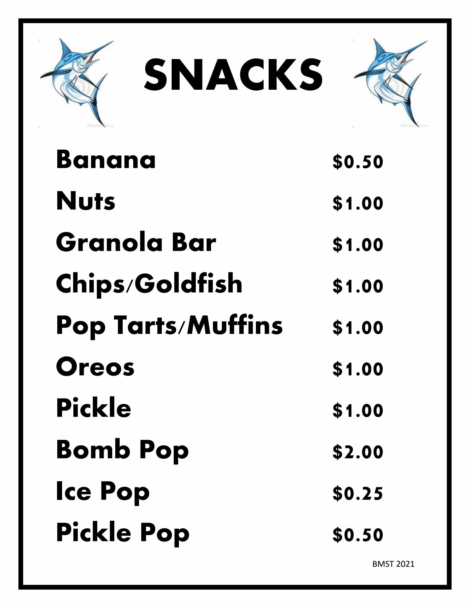 Concessions Menu Blue Marlins Swim Team