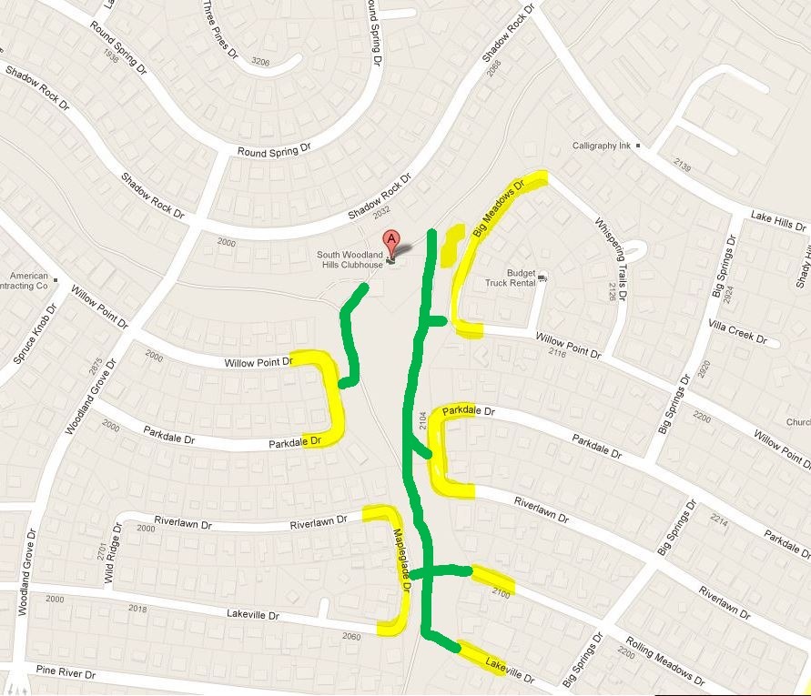 Map of South Woodland Hills parking with roads and greenbelts highlighted