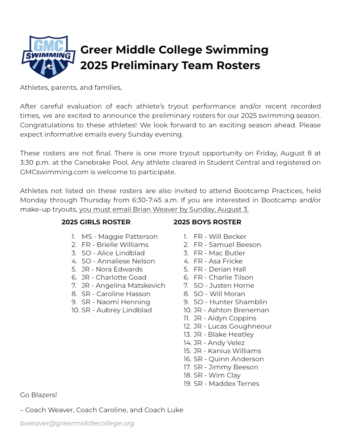 Prelim Roster - Greer Middle College Charter High School