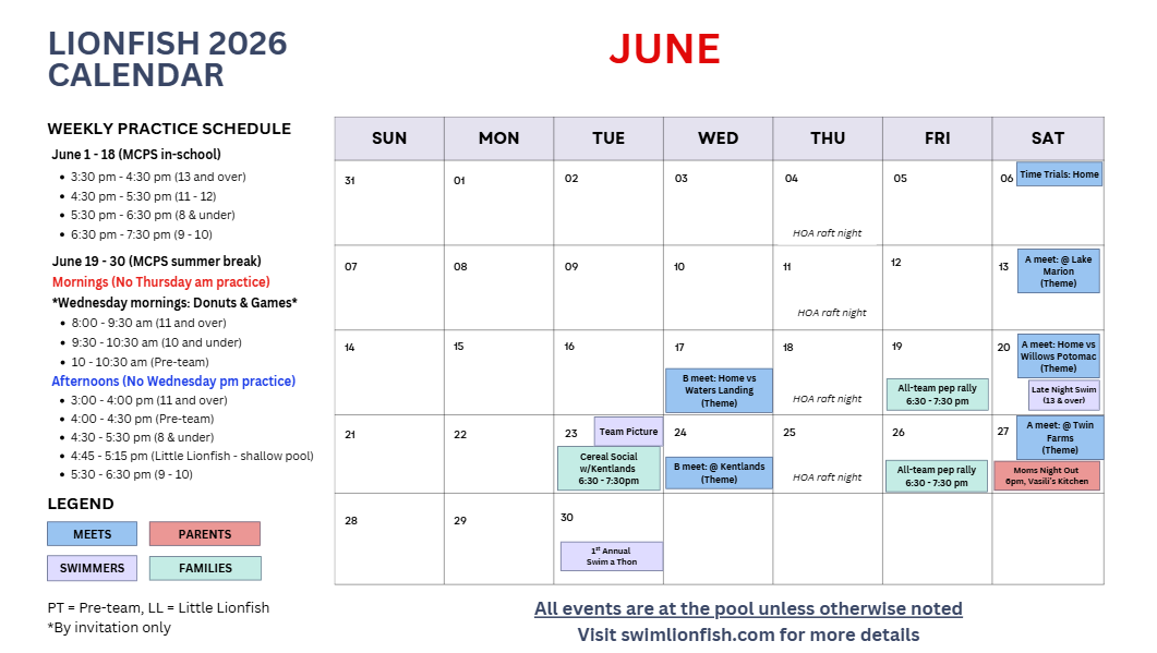 Calendar of events for Lakelands Lionfish