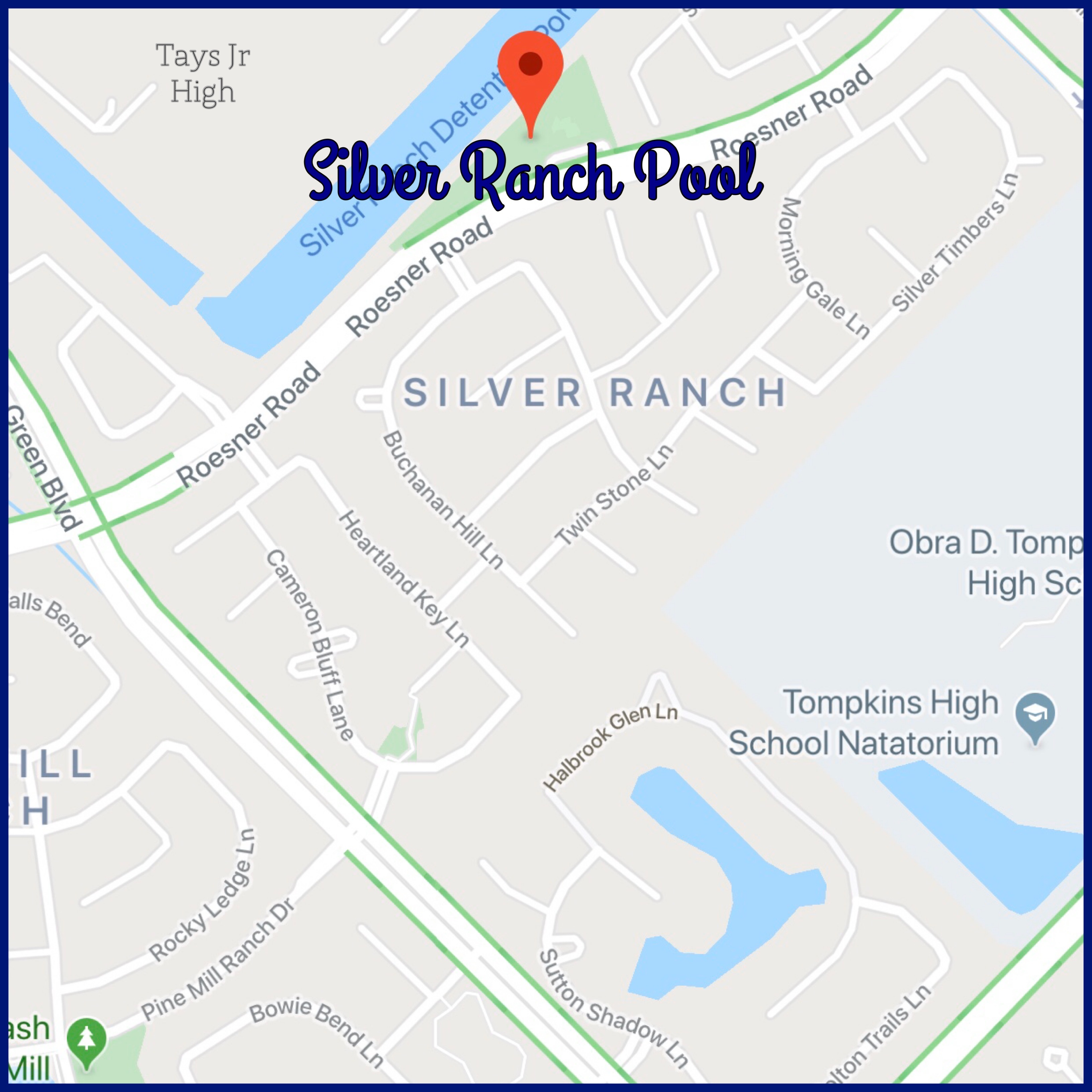 Silver Ranch Pool in on Roesner Road between Gaston Rd and Spring Green Blvd. It is near Tompkins High School and Tays Jr. High School in Southwest Katy. 