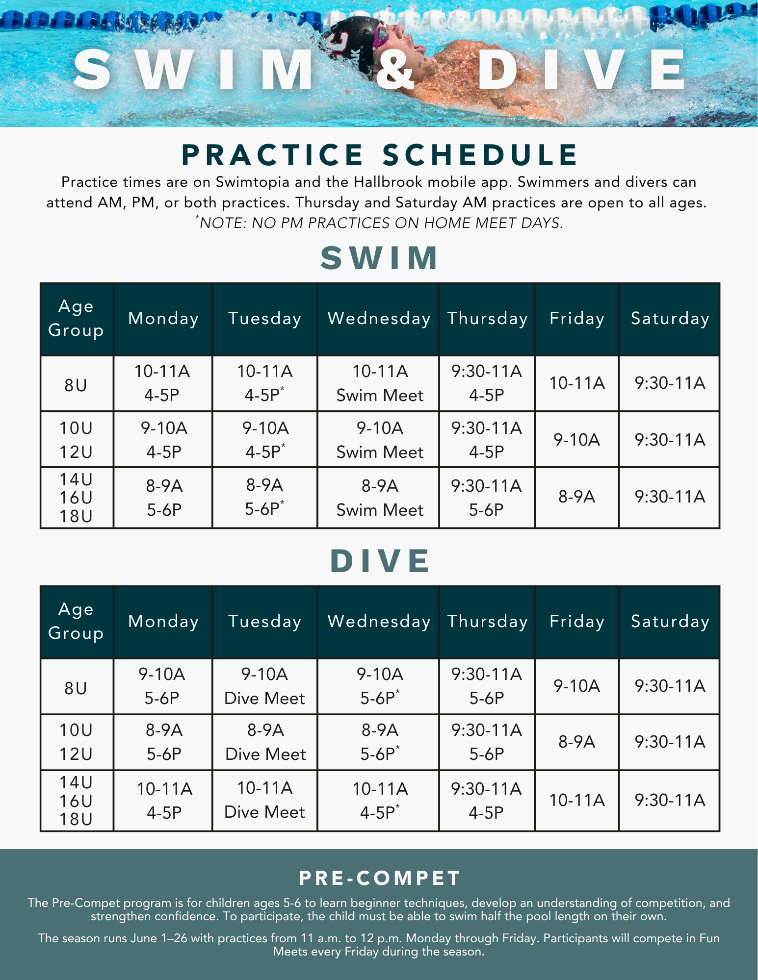 Swim & Dive Practice Schedule