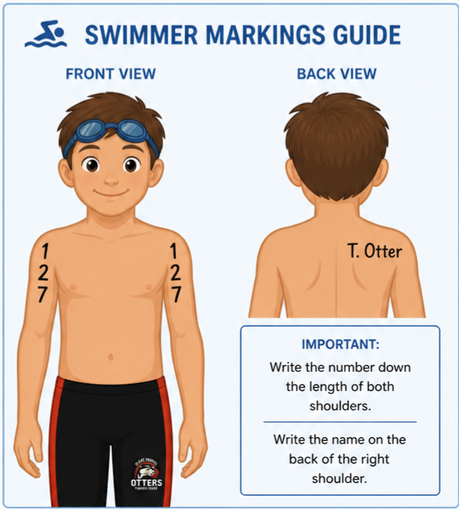 Swimmer Markings Guide showing number on both shoulders and name on back right shoulder
