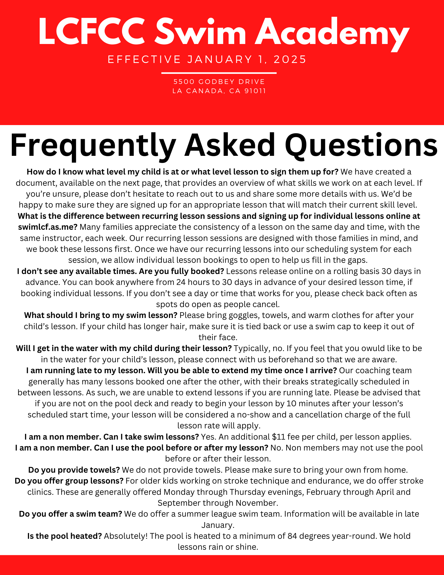 Swim Lesson FAQ - La Cañada Sharks