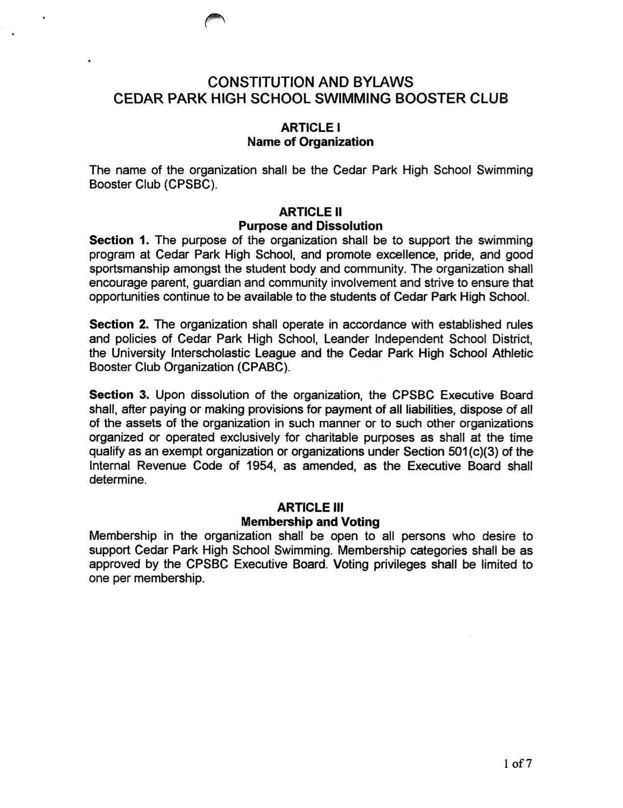 constitution bylaws cedar park