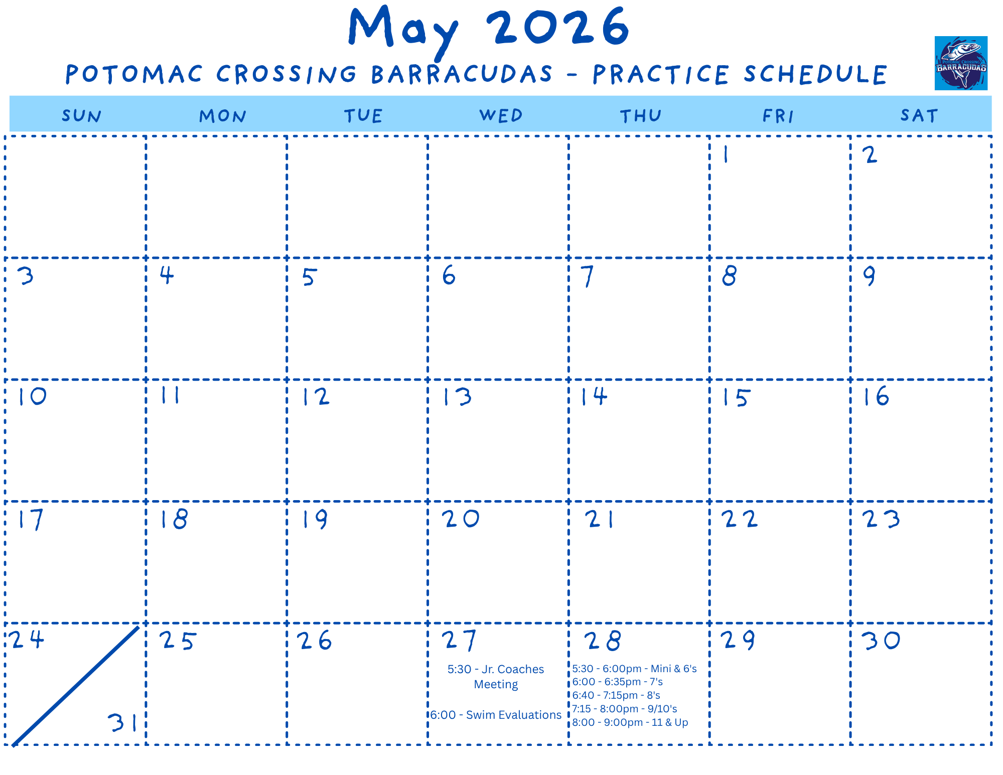 May 2026 Practice Schedule