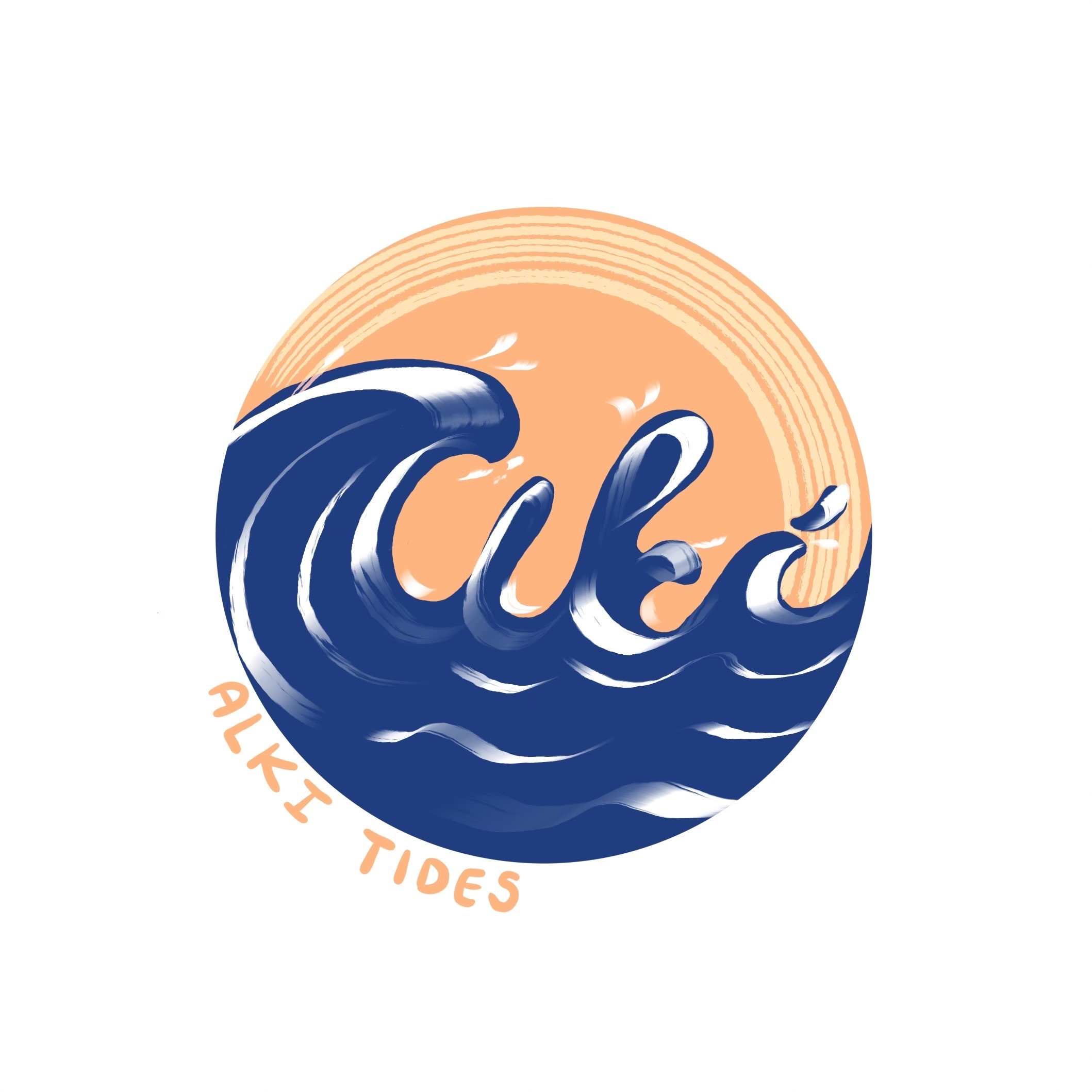 Waves in the shape of the word "Alki" with a sun