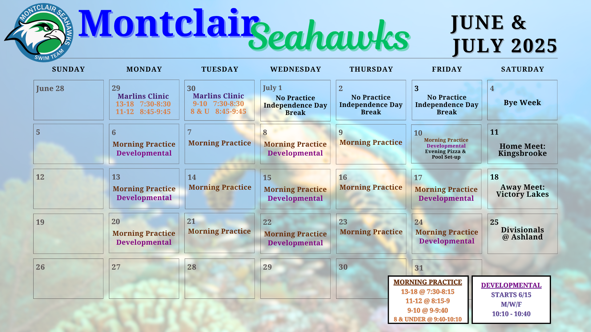 June & July 2026 Practice Calendar